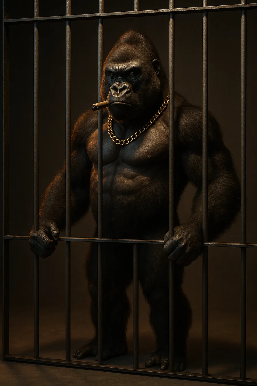 Andrew Taterilla standing at full height behind steel bars, both hands gripping them, cigar in his mouth and a thick gold chain around his neck